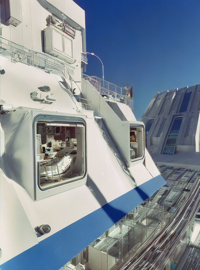 Ship's Bridge with Large Windows and Instrument Panels under Clear Blue Sky