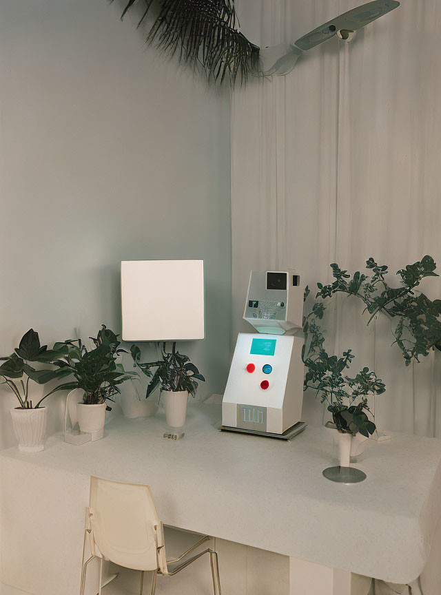 White Table, Vintage Robot, Lamp, Chair & Plants in Minimalist Room