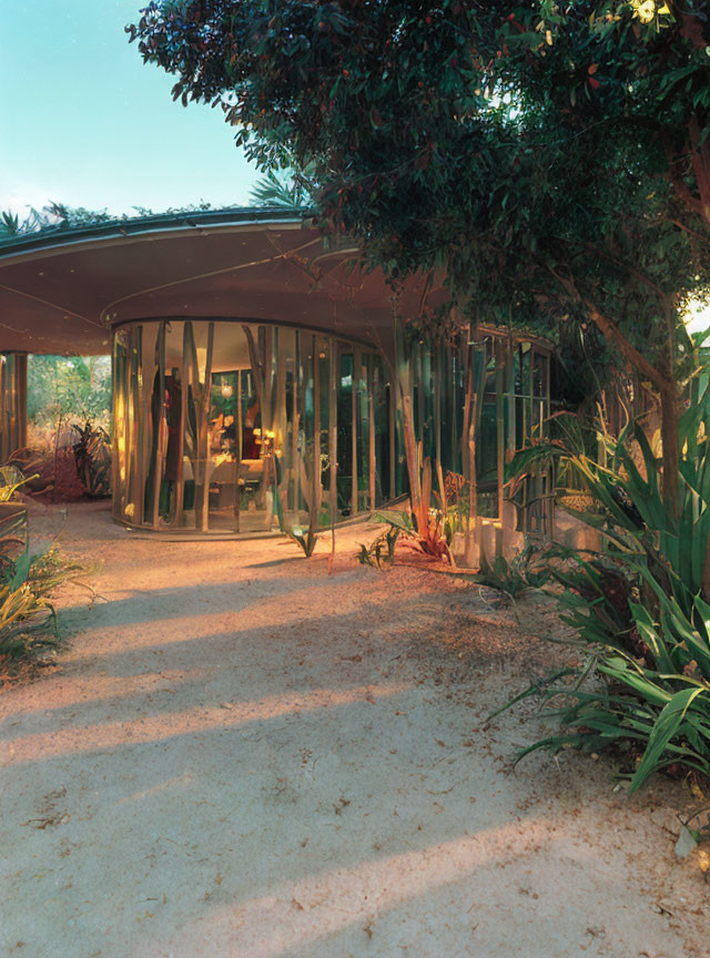 Glass-walled modern house in lush greenery at twilight