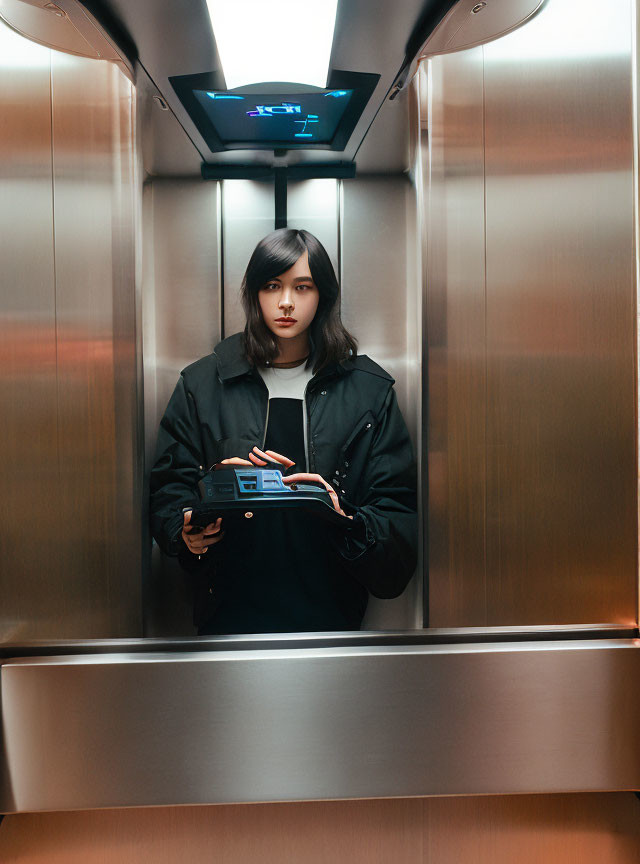 Young woman in elevator with clipboard under soft lighting