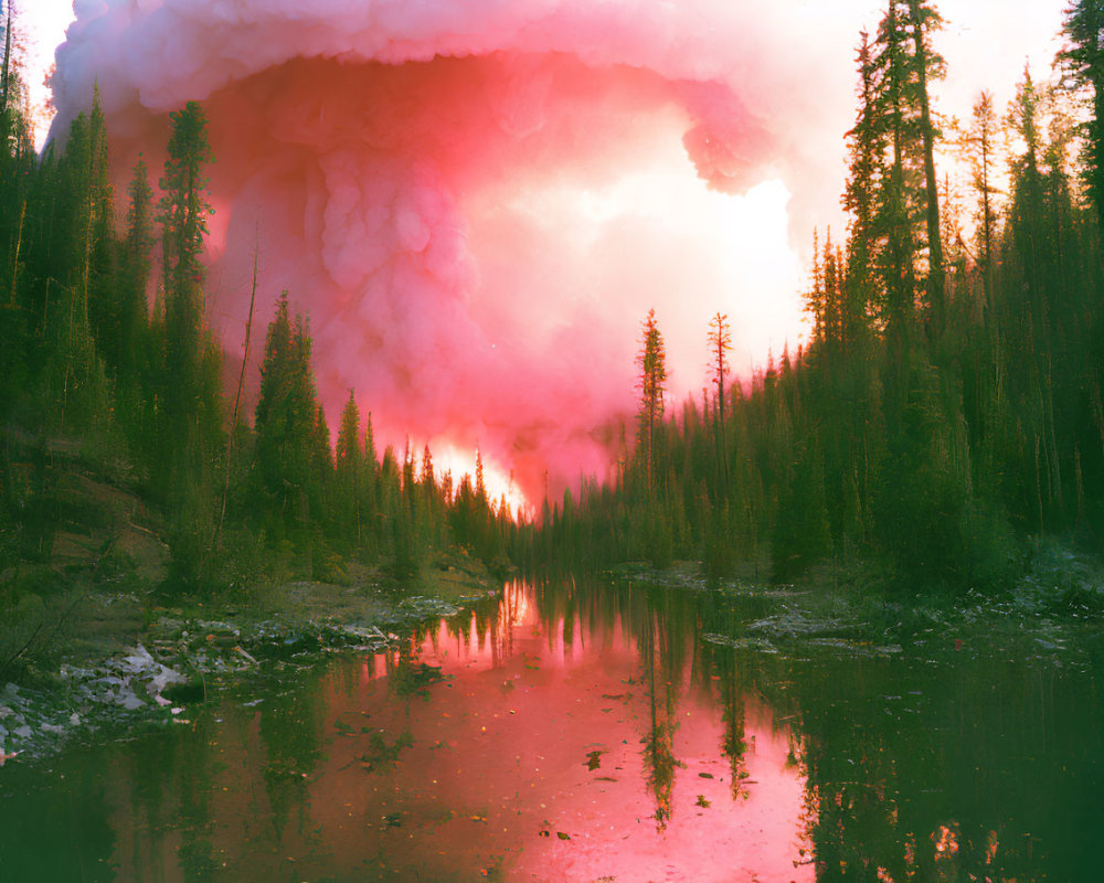 Tranquil forest reflection in calm lake under pink and orange sky