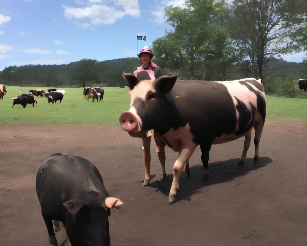 Child in pink helmet rides pig in field with cows under clear sky