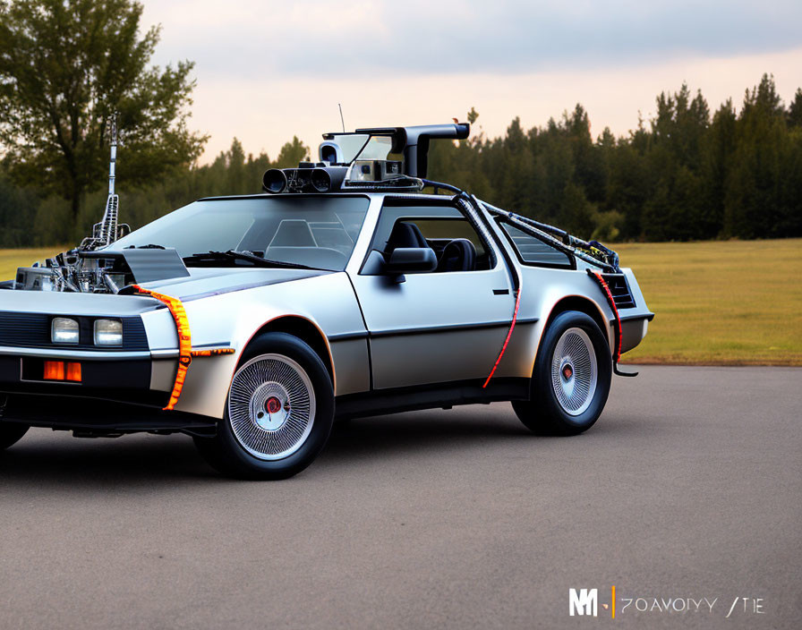 Silver DeLorean Car with Futuristic Mods and Orange Accents on Asphalt Road