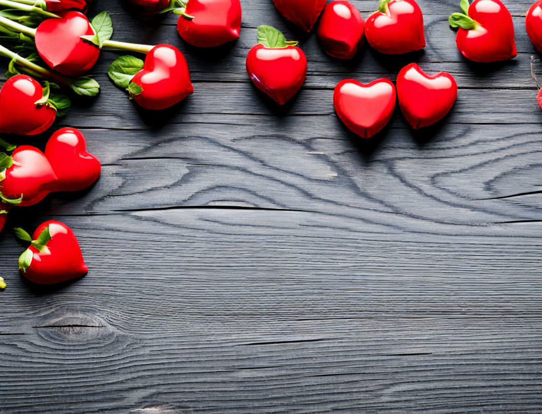 Heart-shaped chocolates and strawberries on dark wooden surface