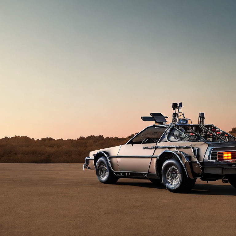 Modified DeLorean DMC-12 resembling "Back to the Future" time machine at sunset