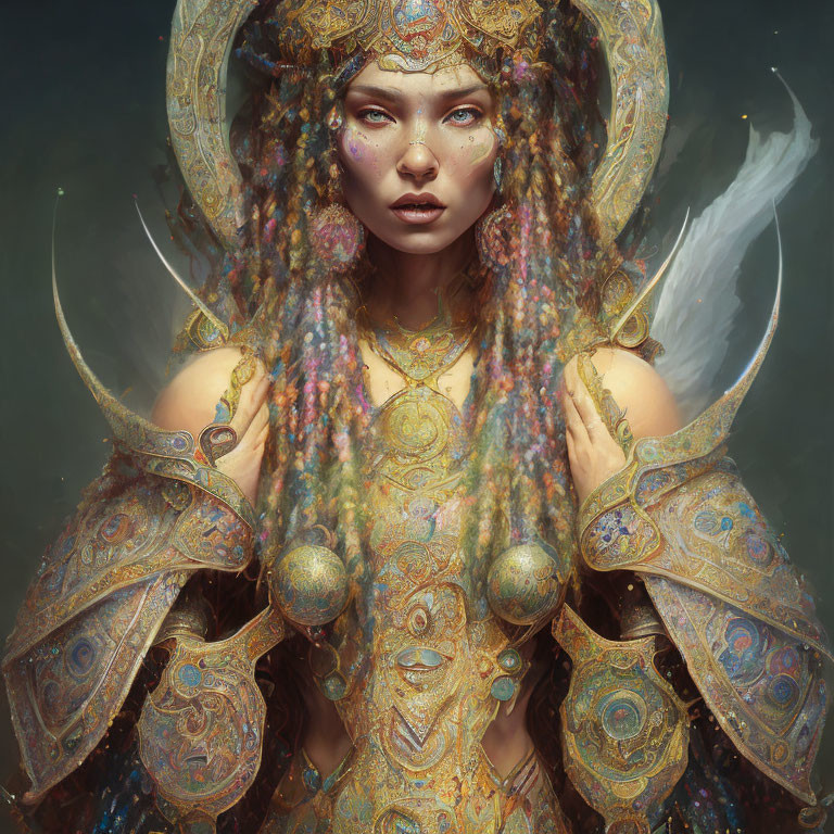 Regal figure in golden armor with braided hair and ethereal background