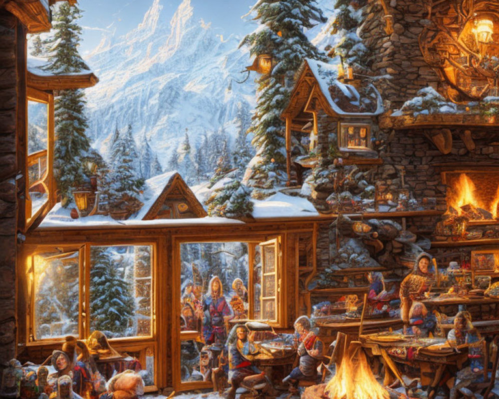 Snowy Mountain Cabin Scene with Festive Decorations and Fireside Activities