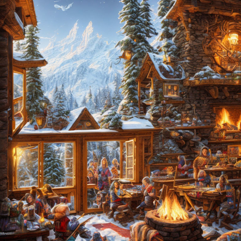 Snowy Mountain Cabin Scene with Festive Decorations and Fireside Activities