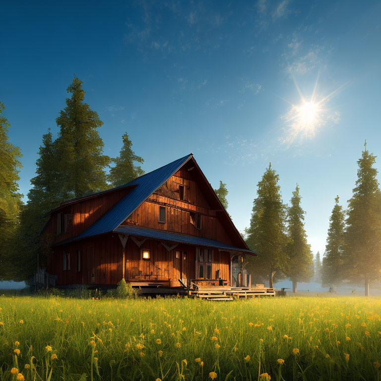 Rustic wooden cabin in blooming meadow at sunrise