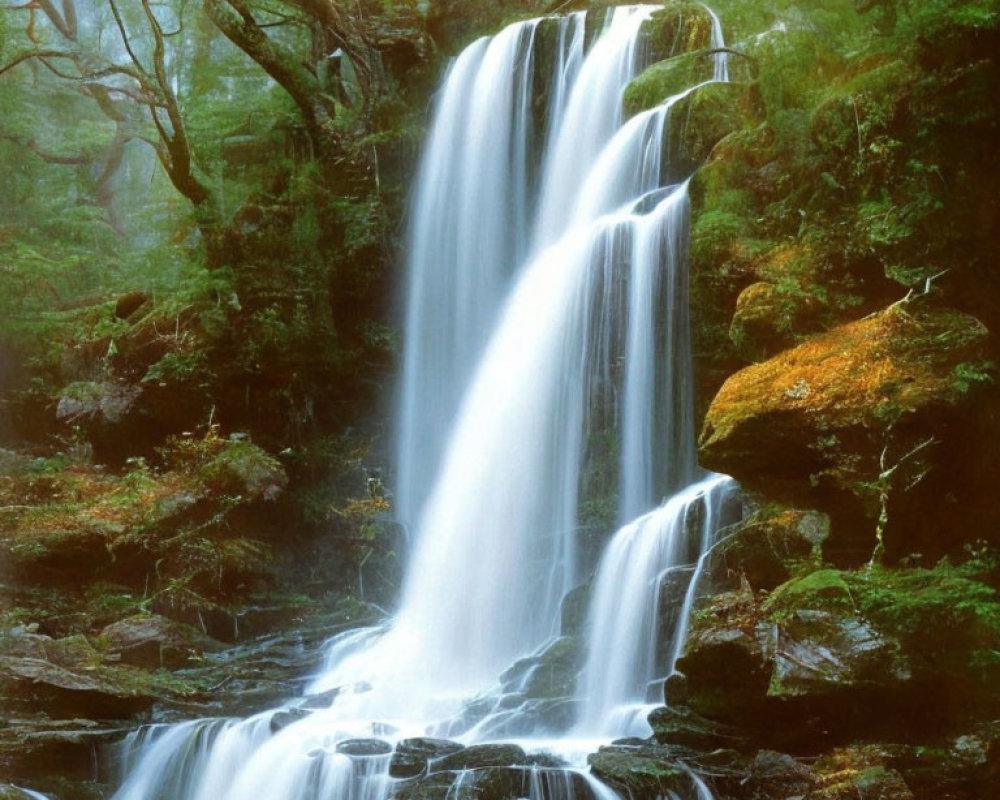 Tranquil waterfall over moss-covered rocks in lush green forest