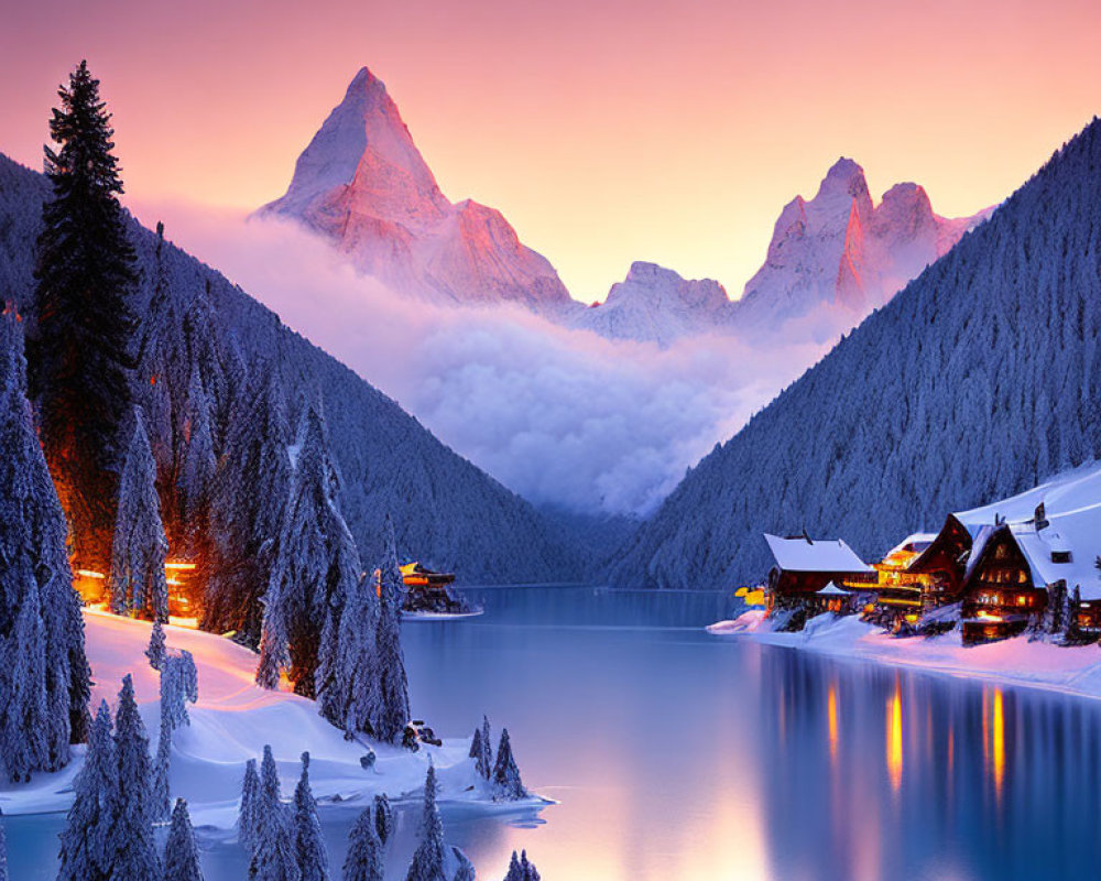 Snow-covered trees, misty mountains, serene lake, cozy houses at dusk