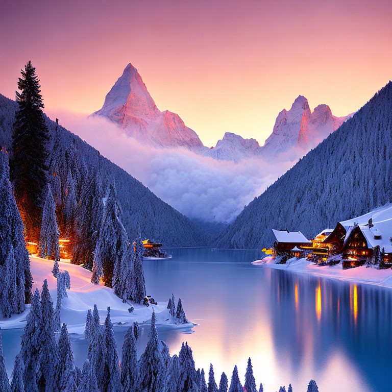 Snow-covered trees, misty mountains, serene lake, cozy houses at dusk