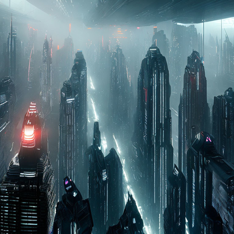 Futuristic cityscape with skyscrapers, neon lights, and aerial traffic