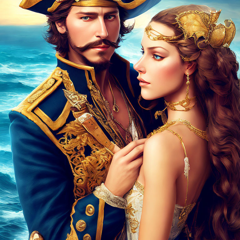 Historical couple in naval uniform and golden dress by the sea