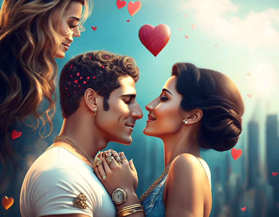 Romantic digital artwork of man and woman in kiss with hearts and cityscape.