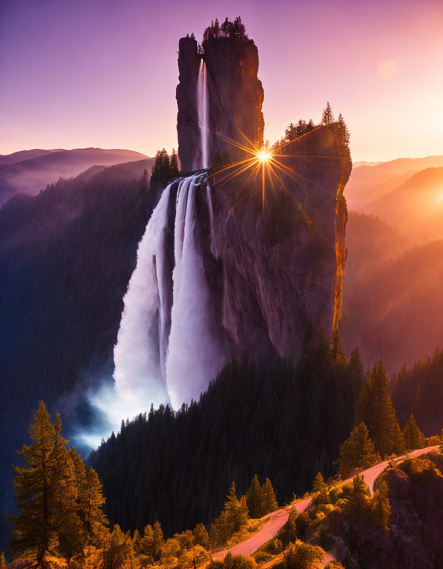 Sunrise waterfall cascading down cliff with light rays and trees landscape