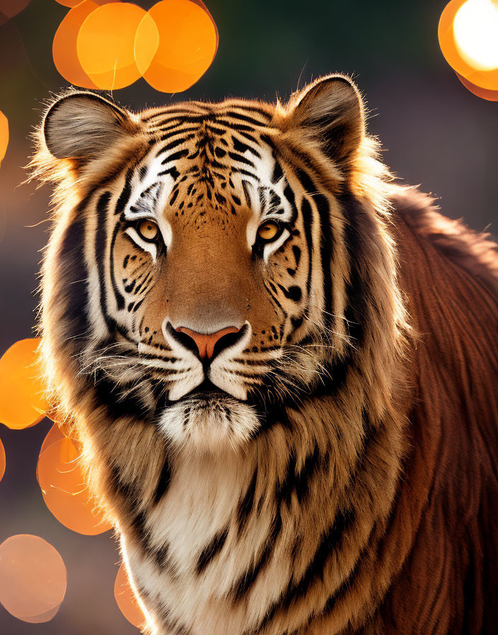 Majestic tiger with piercing gaze in warm bokeh light