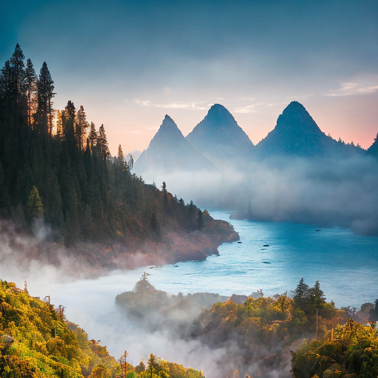 Serene sunrise landscape with misty river, forested hills, and mountain peaks