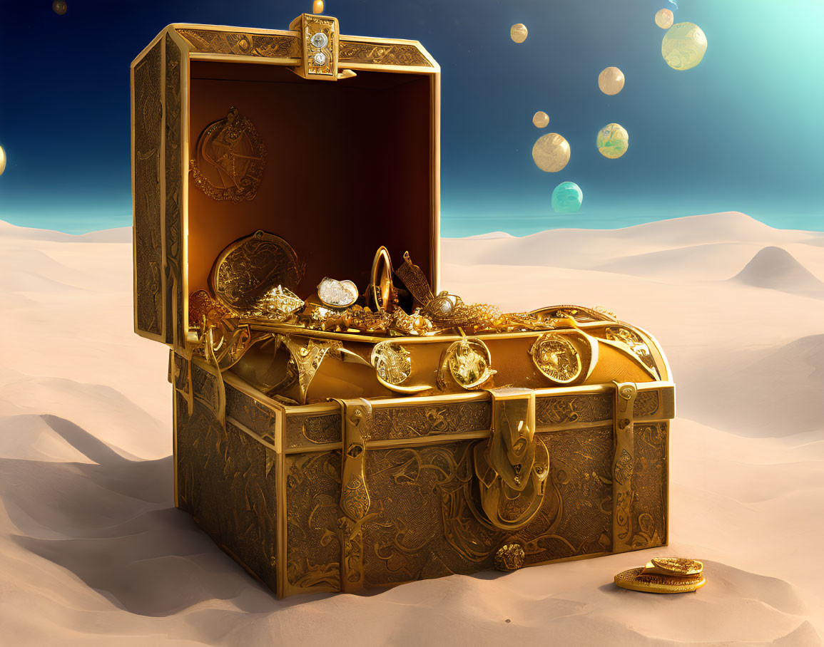 Golden treasure chest overflowing with coins, jewels, and goblets in desert setting