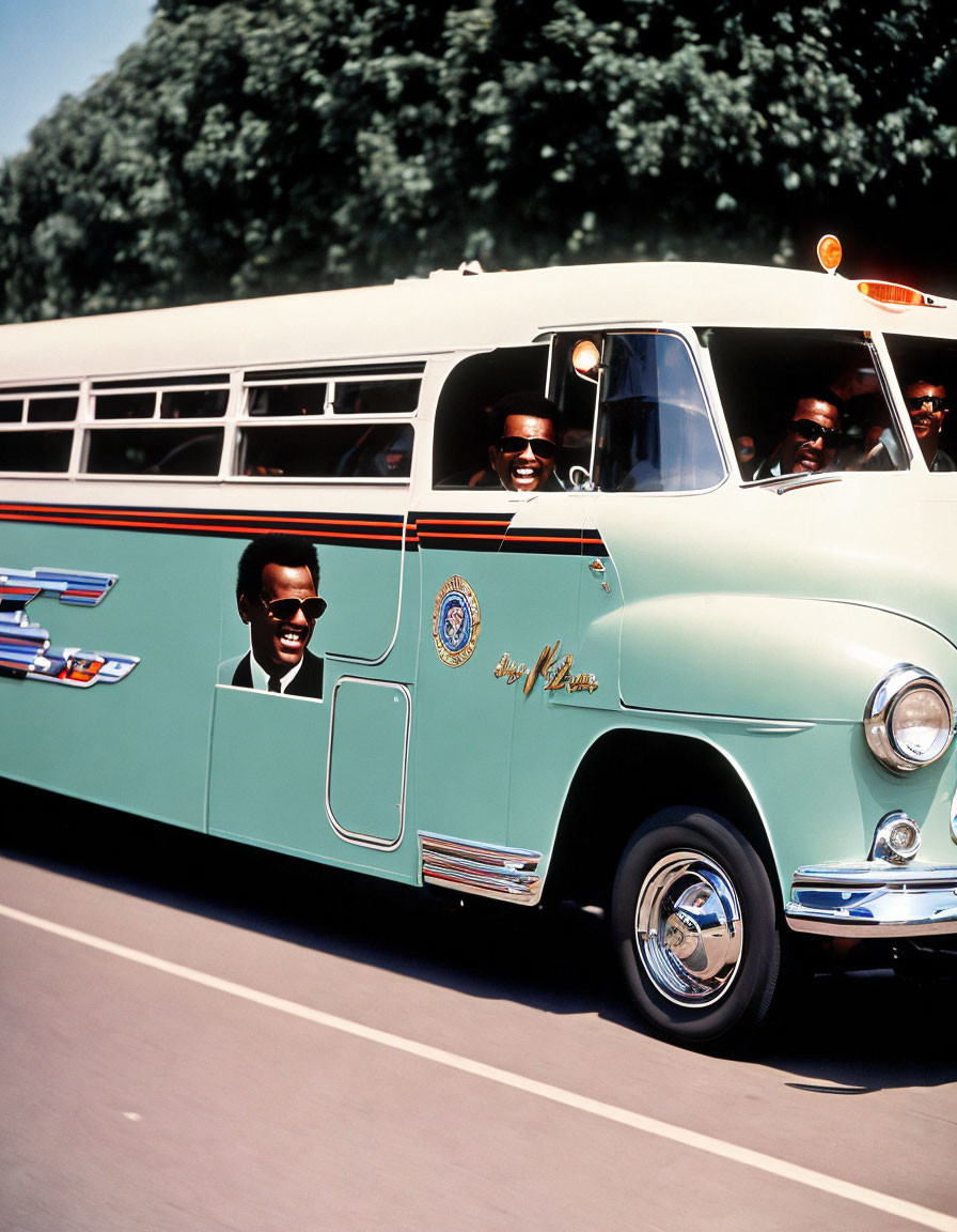 Vintage Teal Bus with Smiling Passengers, "Greyhound" Sign, White-Wall T