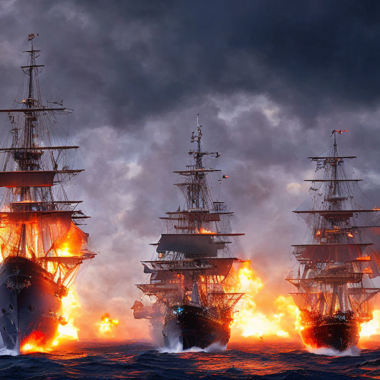 Historic naval battle scene: flaming sailing ships in smoky sky