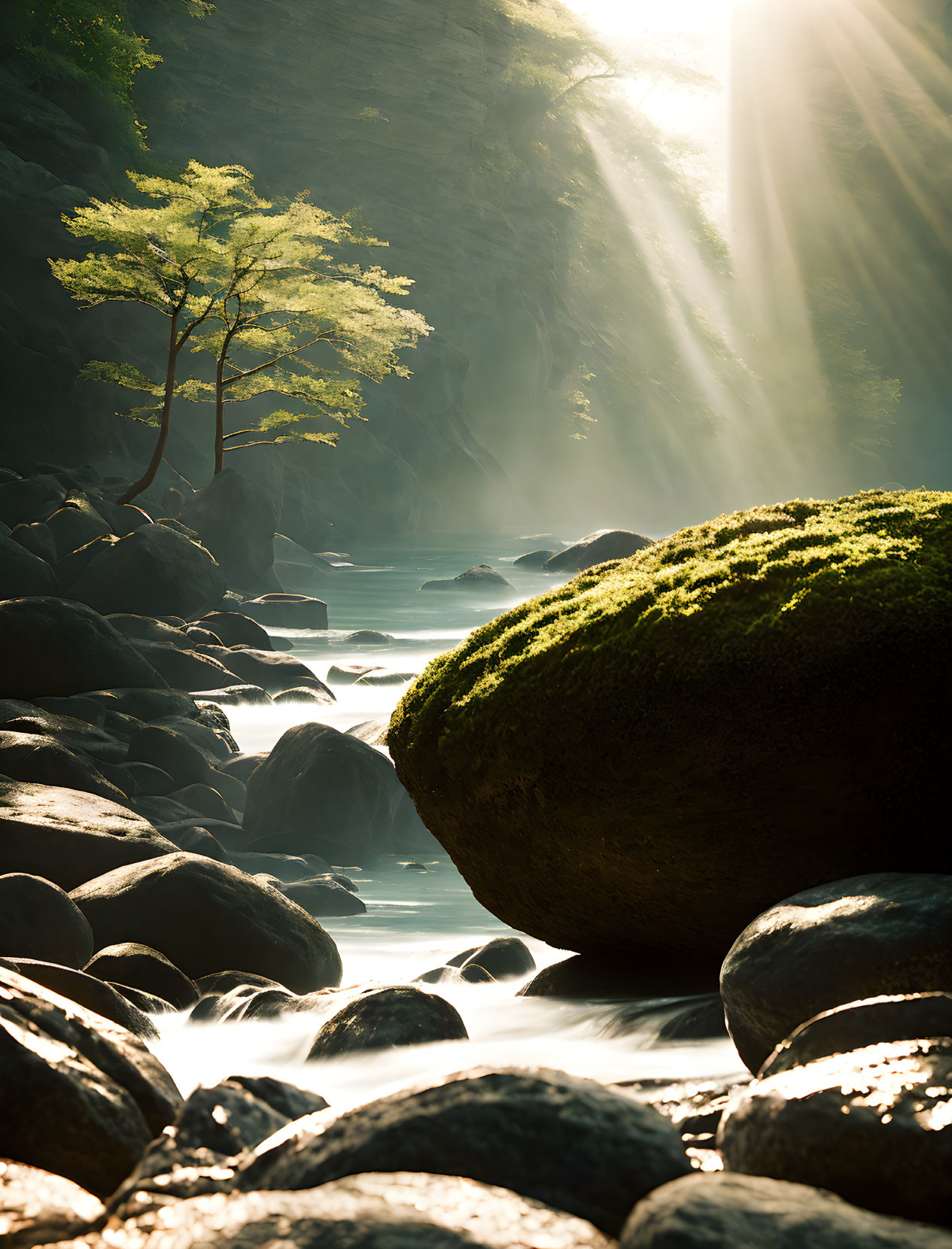 Sunlit river flowing through rocky landscape with moss-covered boulder and solitary tree