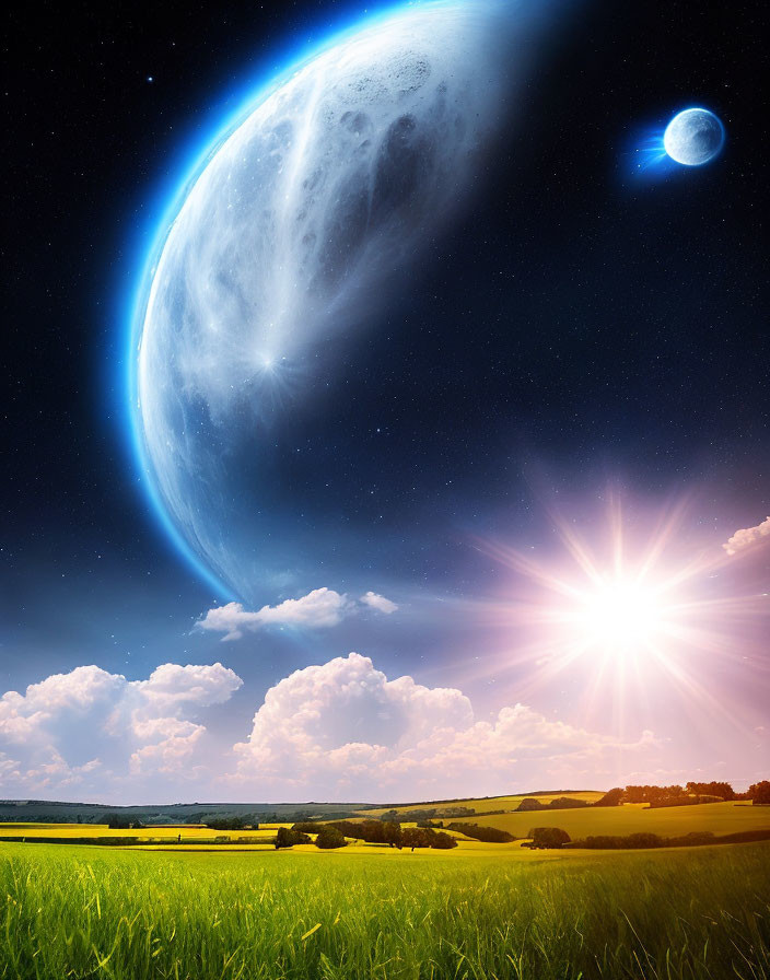 Surreal landscape with oversized moon and small planet above sunny rural field