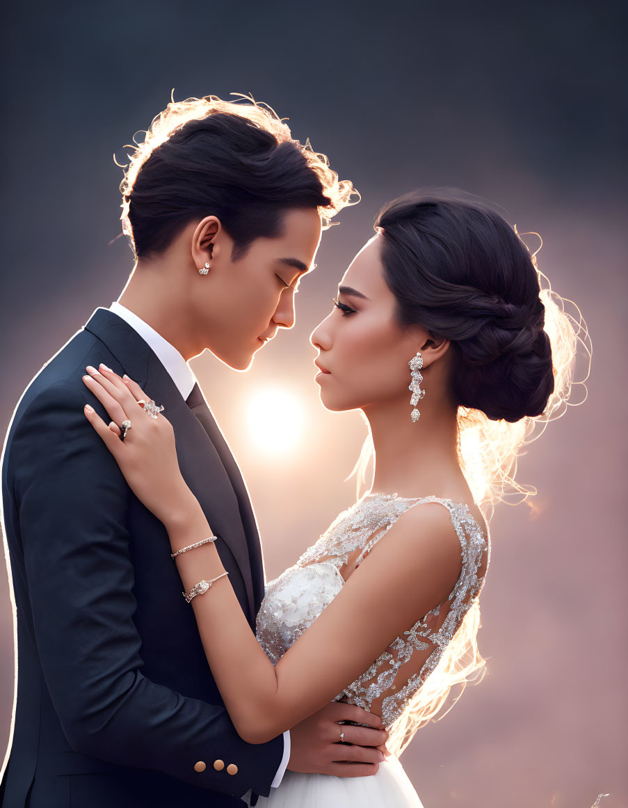 Elegant couple in romantic embrace with glowing halo effect