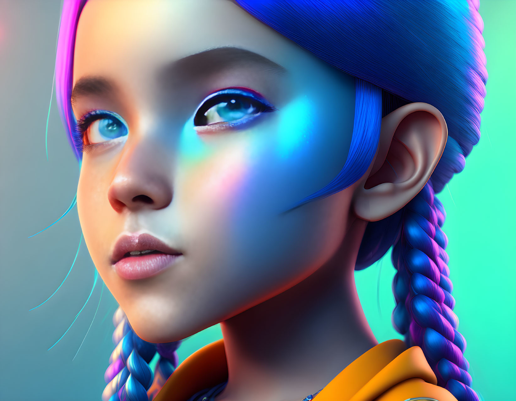 Vibrant digital portrait of young girl with blue eyes and colorful braided hair