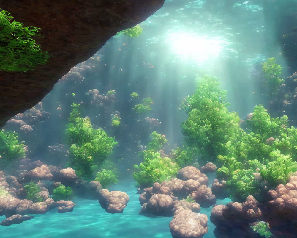 Underwater Scene with Sunlit Rock Overhang and Marine Life