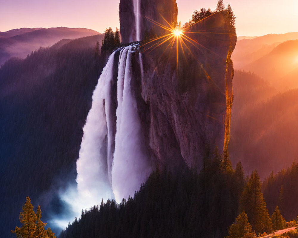 Sunrise waterfall cascading down cliff with light rays and trees landscape