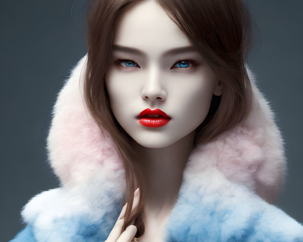 Portrait of Woman with Blue Eyes and Red Lips in Fur Coat