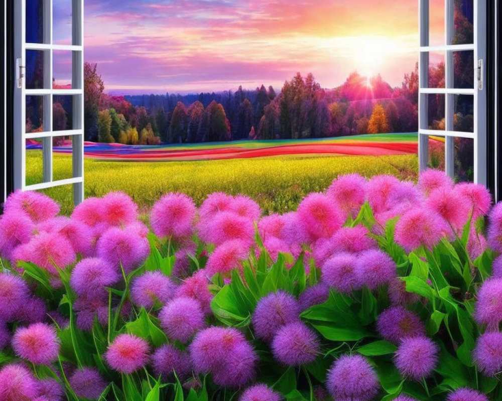 Vibrant sunset over colorful landscape with purple flowers and lush greenery.