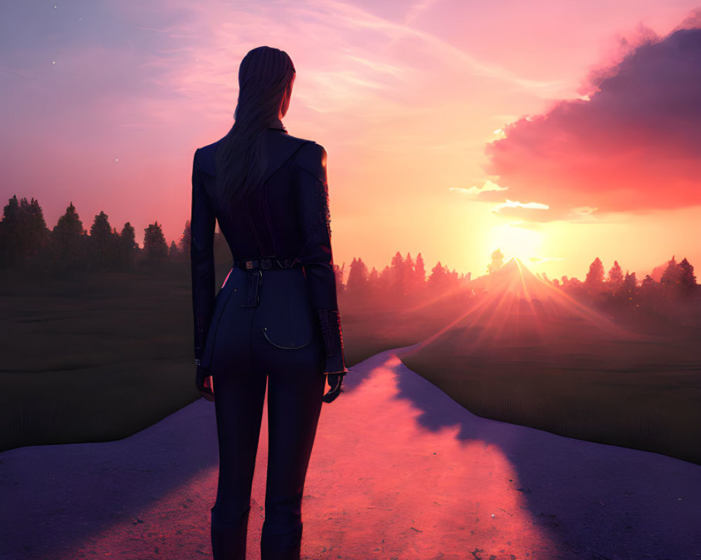 Woman admiring vibrant pink and orange sunset on forest path at dusk