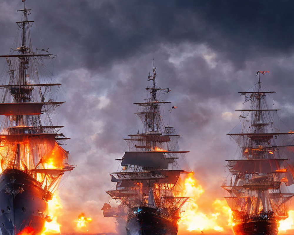 Historic naval battle scene: flaming sailing ships in smoky sky