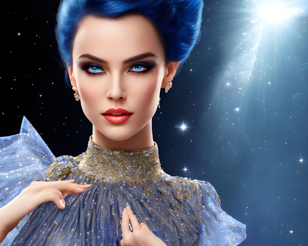 Digital Artwork: Woman with Blue Hair and Gold Dress on Starry Background