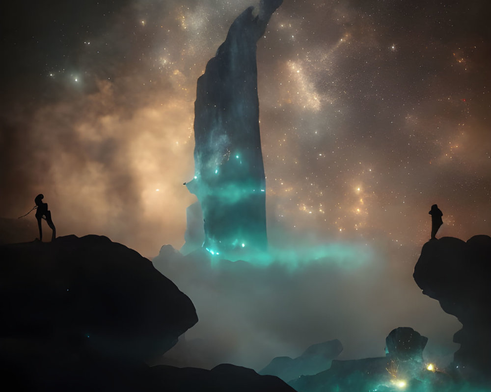 Silhouetted figures on rocks near towering monolith in glowing mist