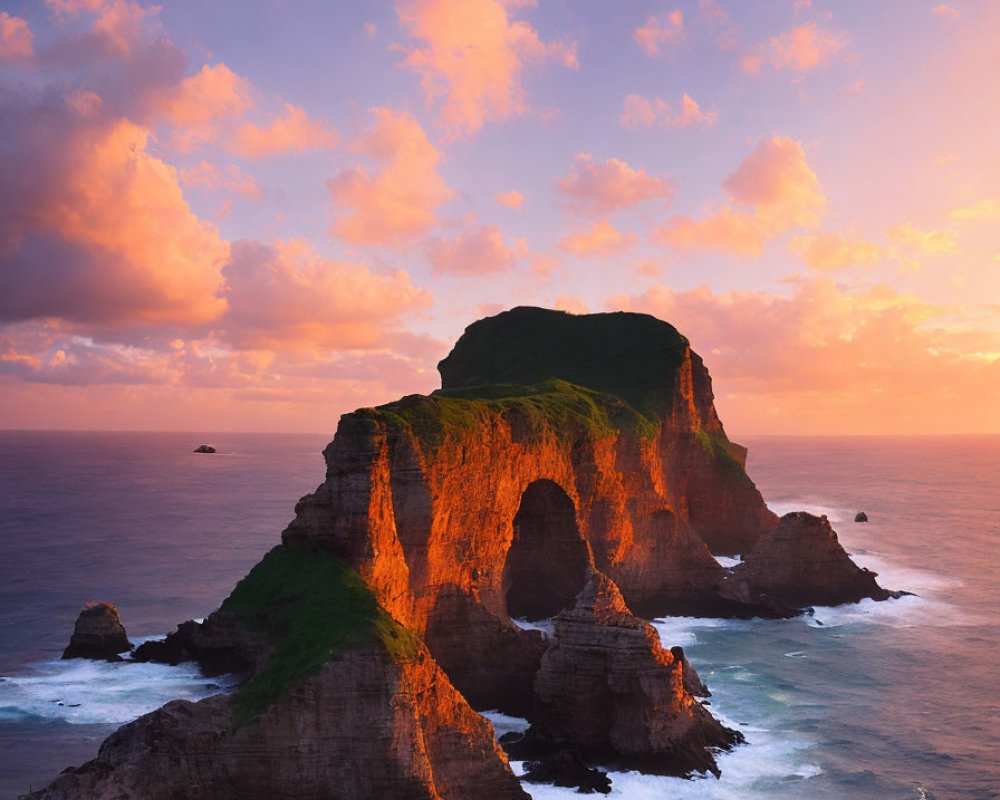 Sunset over rugged island with steep cliffs and turquoise sea