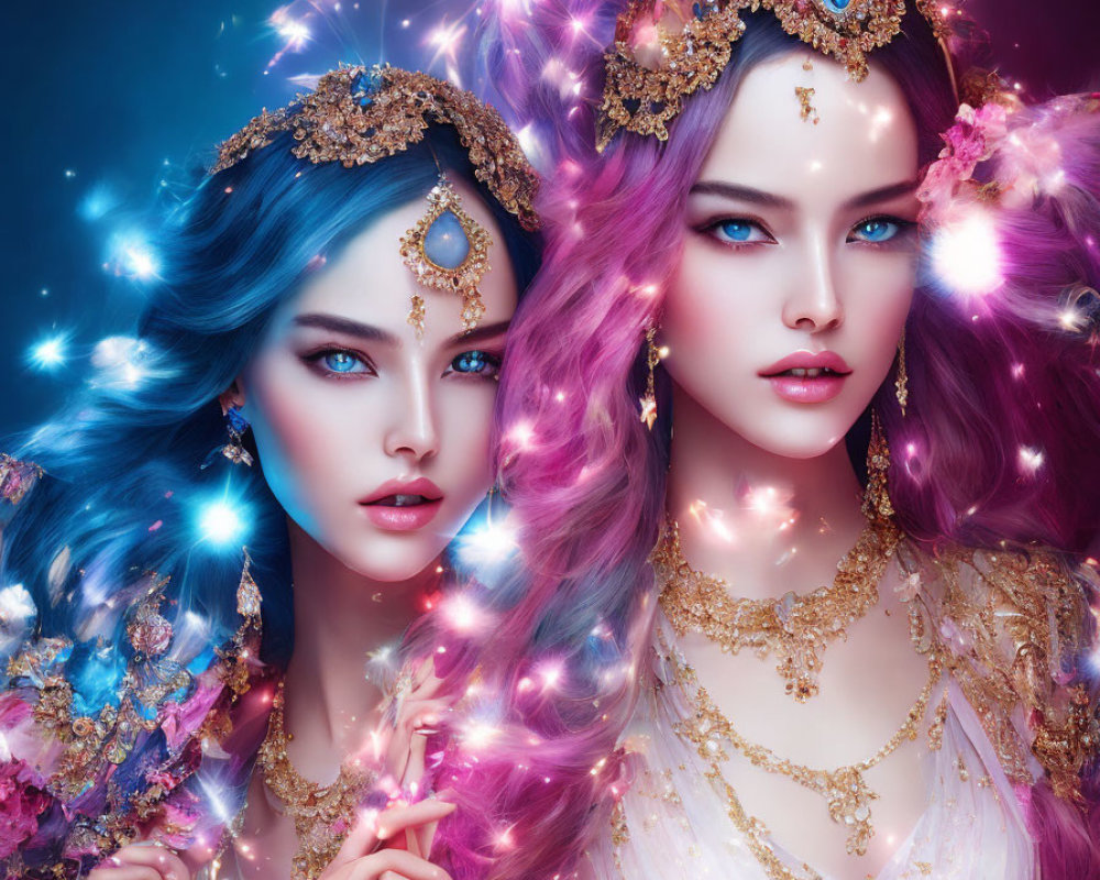 Vibrant fantasy characters with ornate jewelry and colorful hair