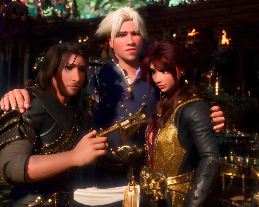 Three fantasy characters in medieval armor posing confidently in a tavern