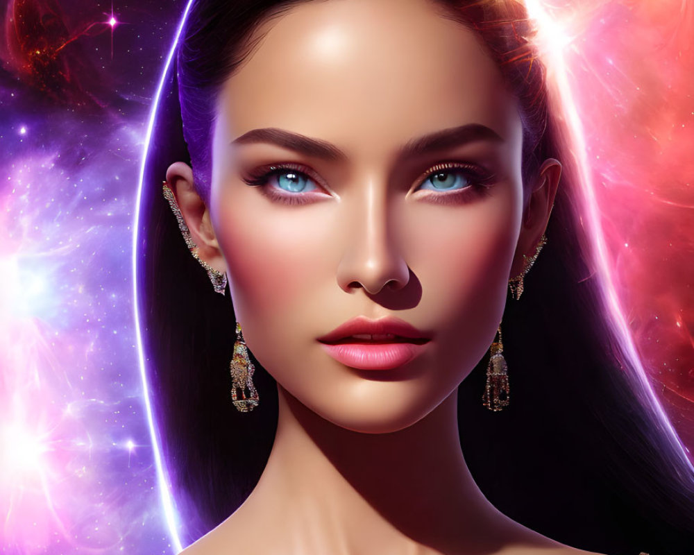 Portrait of woman with blue eyes, glossy lips, earrings, cosmic background