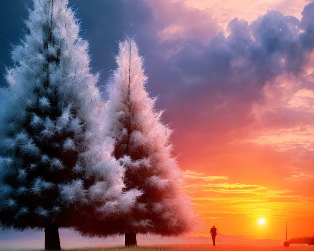 Vibrant sunset sky over person in field with evergreen trees