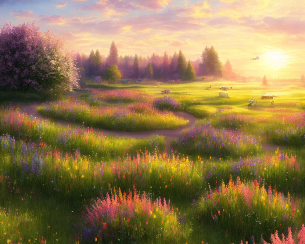 Tranquil Sunset Meadow with Vibrant Wildflowers