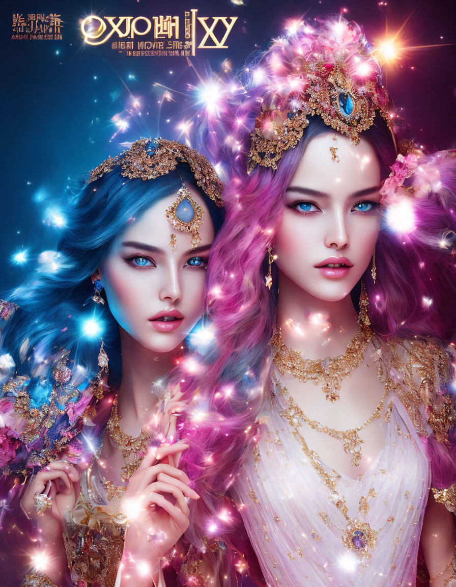 Vibrant fantasy characters with ornate jewelry and colorful hair