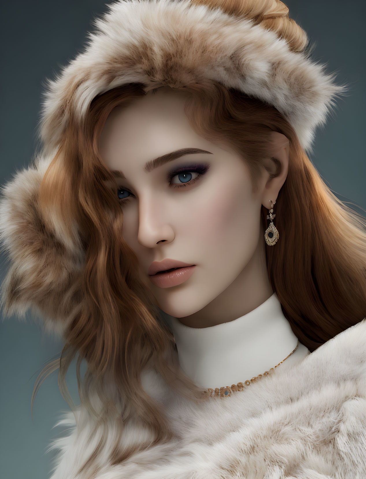 Portrait of Woman with Striking Blue Eyes in Fur Hat and Coat