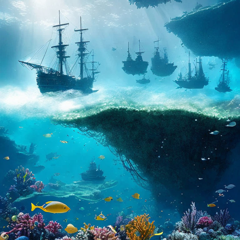 Vibrant underwater scene with sunken ships, fish, and coral