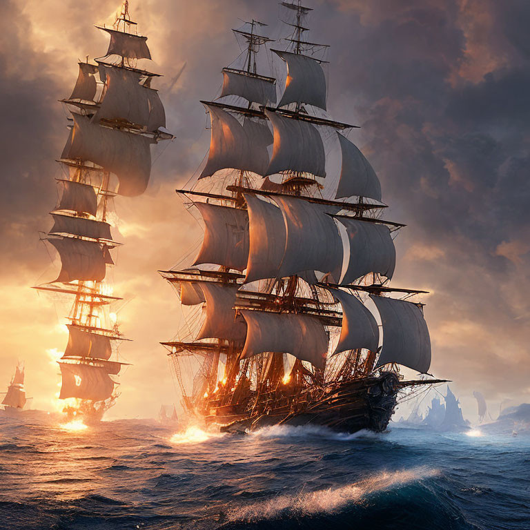 Majestic sailing ship on tumultuous ocean waves at sunset