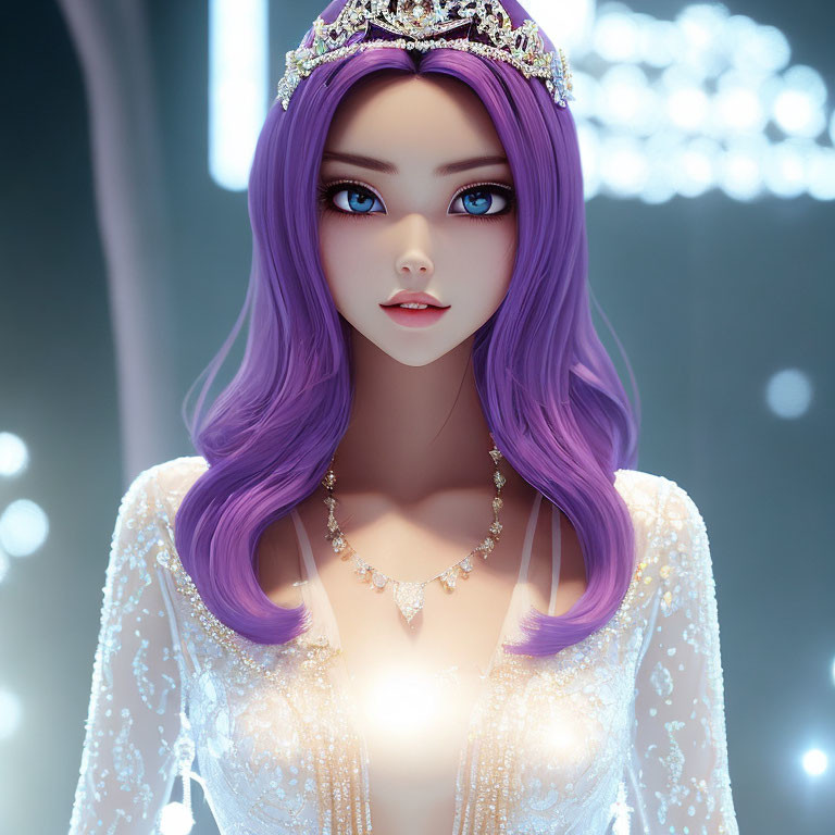 Character with Purple Hair Wearing Tiara and Necklace on Glowing Background