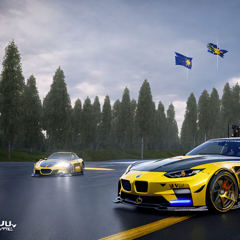 BMW race cars on wet track with EU and Swedish flags, drones, trees, and cloudy skies