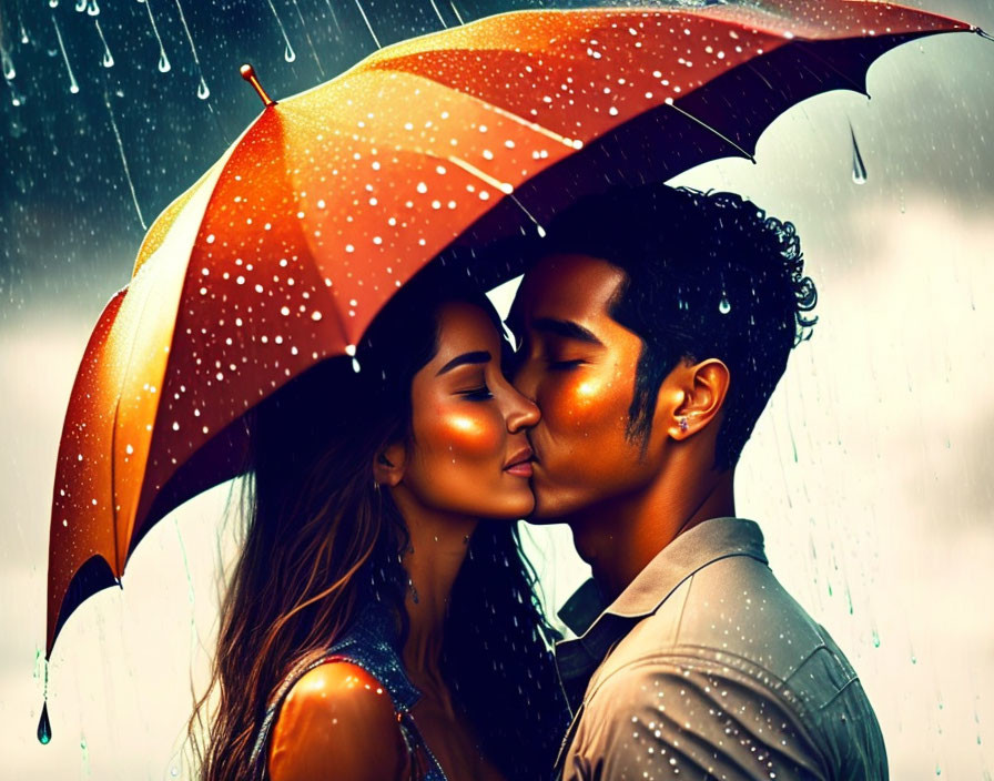 Romantic couple kissing under orange umbrella in rain